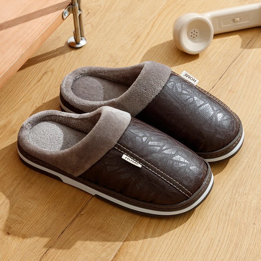 New Winter Casual Men's Slippers Indoor Waterproof PU Leather Home Shoes Fur Flat Warm Fashion Bedroom Houseshoes - TINMICO