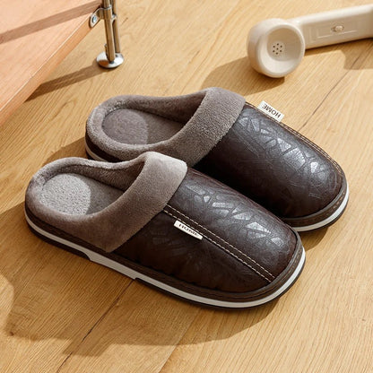 New Winter Casual Men's Slippers Indoor Waterproof PU Leather Home Shoes Fur Flat Warm Fashion Bedroom Houseshoes - TINMICO