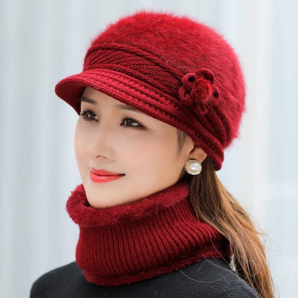 New Women Winter Hat Keep Warm Cap Add Fur Lined Hat & Scarf Warm Set Fashion Hat For Women Casual Faux Fur Flower Knitted Hat TINMICO - TINMICO