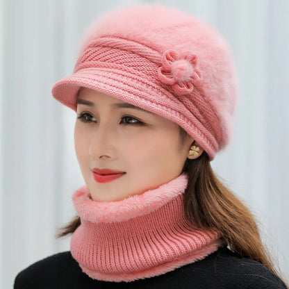 New Women Winter Hat Keep Warm Cap Add Fur Lined Hat & Scarf Warm Set Fashion Hat For Women Casual Faux Fur Flower Knitted Hat TINMICO - TINMICO