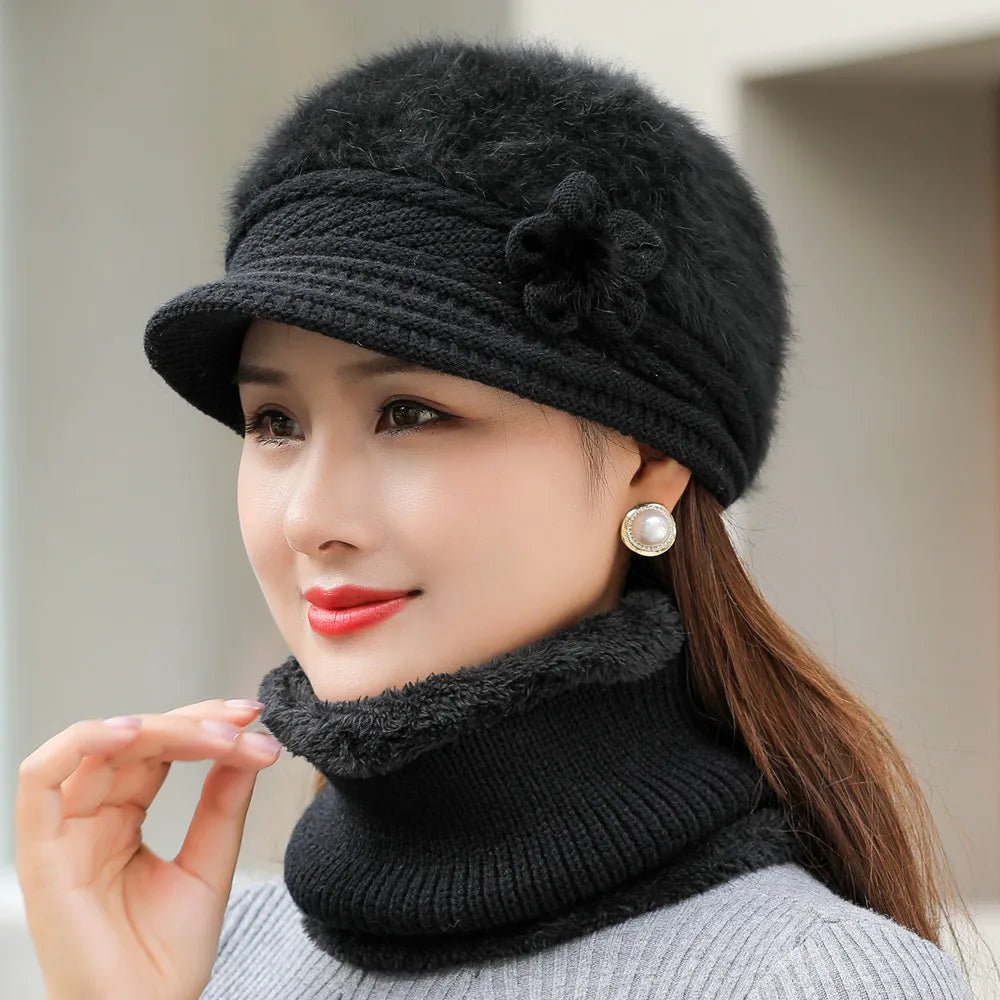 New Women Winter Hat Keep Warm Cap Add Fur Lined Hat & Scarf Warm Set Fashion Hat For Women Casual Faux Fur Flower Knitted Hat TINMICO - TINMICO