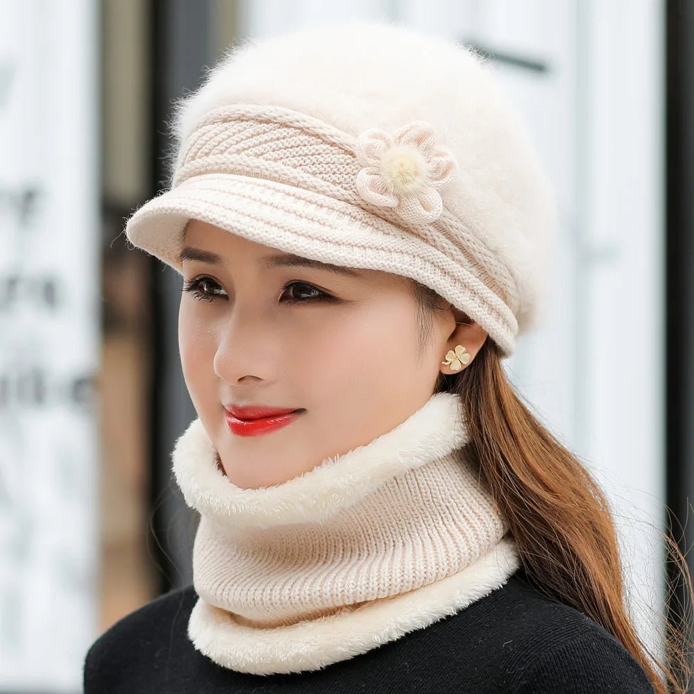 New Women Winter Hat Keep Warm Cap Add Fur Lined Hat & Scarf Warm Set Fashion Hat For Women Casual Faux Fur Flower Knitted Hat TINMICO - TINMICO