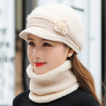 New Women Winter Hat Keep Warm Cap Add Fur Lined Hat & Scarf Warm Set Fashion Hat For Women Casual Faux Fur Flower Knitted Hat TINMICO - TINMICO