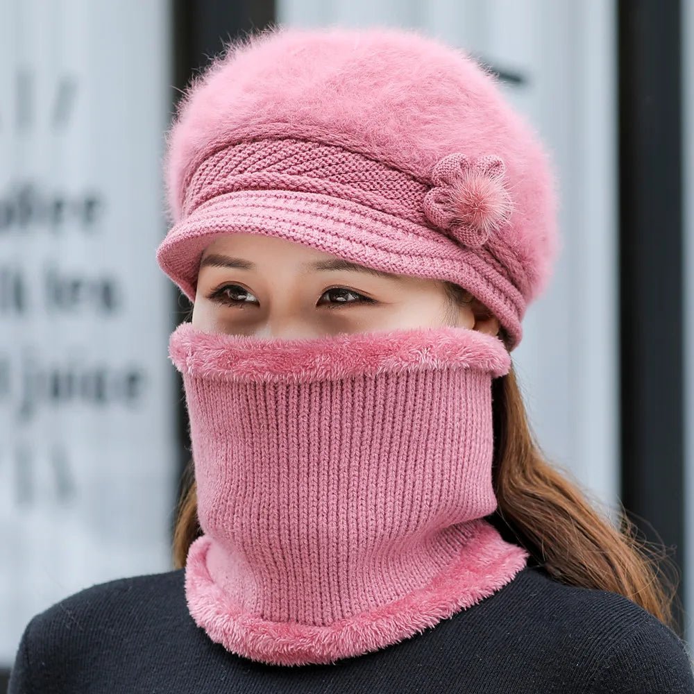 New Women Winter Hat Keep Warm Cap Add Fur Lined Hat & Scarf Warm Set Fashion Hat For Women Casual Faux Fur Flower Knitted Hat TINMICO - TINMICO