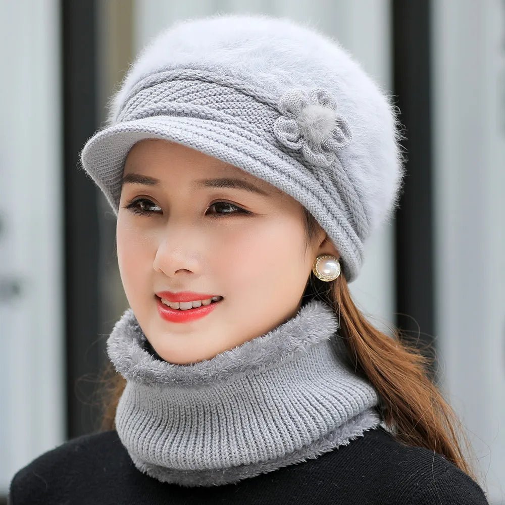 New Women Winter Hat Keep Warm Cap Add Fur Lined Hat & Scarf Warm Set Fashion Hat For Women Casual Faux Fur Flower Knitted Hat TINMICO - TINMICO