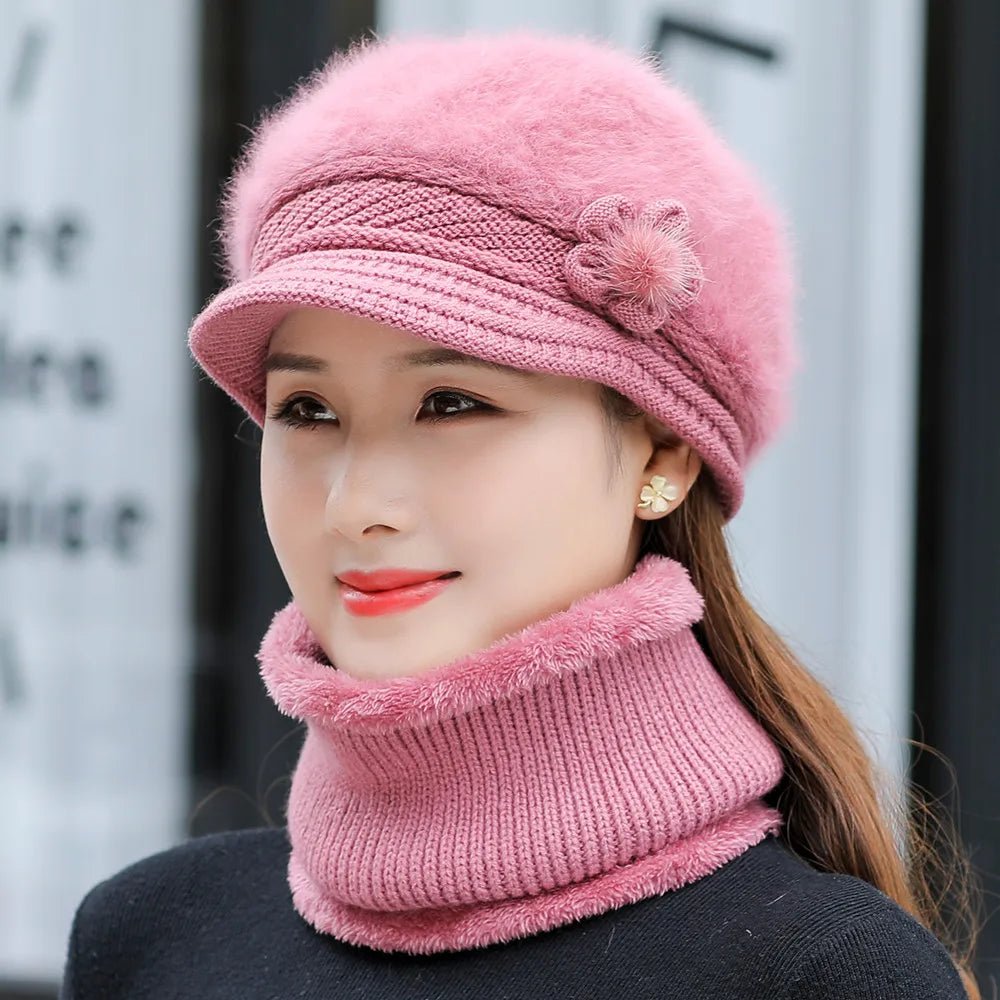 New Women Winter Hat Keep Warm Cap Add Fur Lined Hat & Scarf Warm Set Fashion Hat For Women Casual Faux Fur Flower Knitted Hat TINMICO - TINMICO