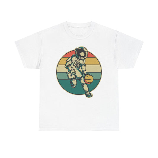 Retro Astronaut Basketball Unisex Heavy Cotton Tee, Casual Graphic Tee, Space Lover Gift, Fun Streetwear, Unique Presents - TINMICO
