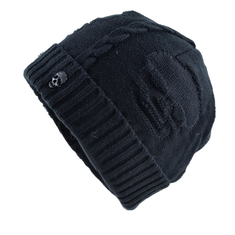 Skull Pattern Solid Color Hat With Metal Skulls Skullies Beanies Men's Knit Thick Hats, Winter Beanies Men Knitted TINMICO - TINMICO