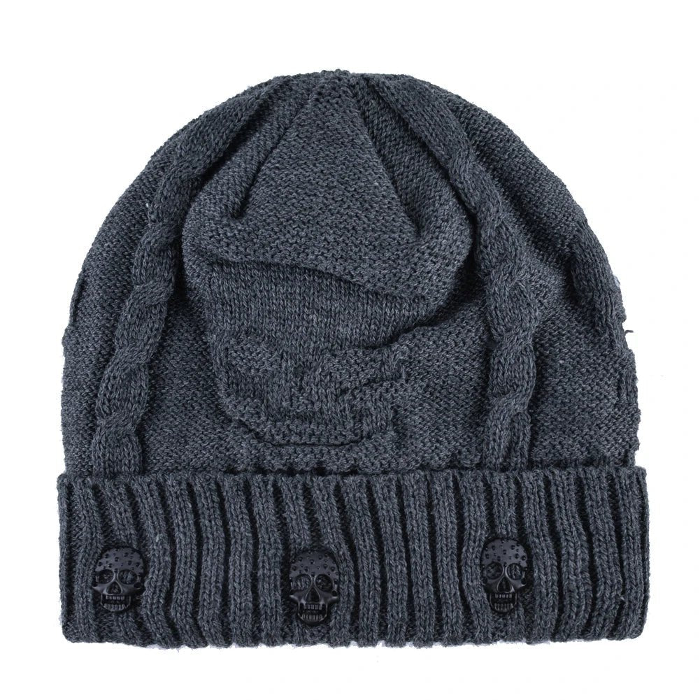 Skull Pattern Solid Color Hat With Metal Skulls Skullies Beanies Men's Knit Thick Hats, Winter Beanies Men Knitted TINMICO - TINMICO