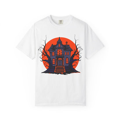Spooky Haunted House T-Shirt, Halloween Tee, Unisex Halloween Apparel, Fall Fashion, Ghostly Graphic Shirt, Eerie T-Shirt - TINMICO