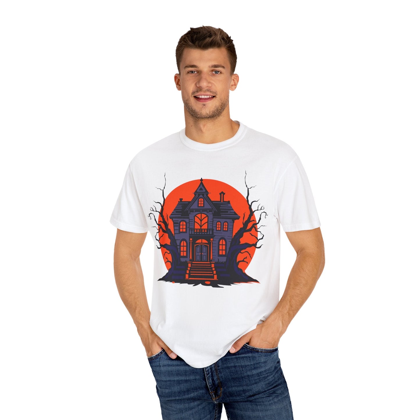 Spooky Haunted House T-Shirt, Halloween Tee, Unisex Halloween Apparel, Fall Fashion, Ghostly Graphic Shirt, Eerie T-Shirt - TINMICO