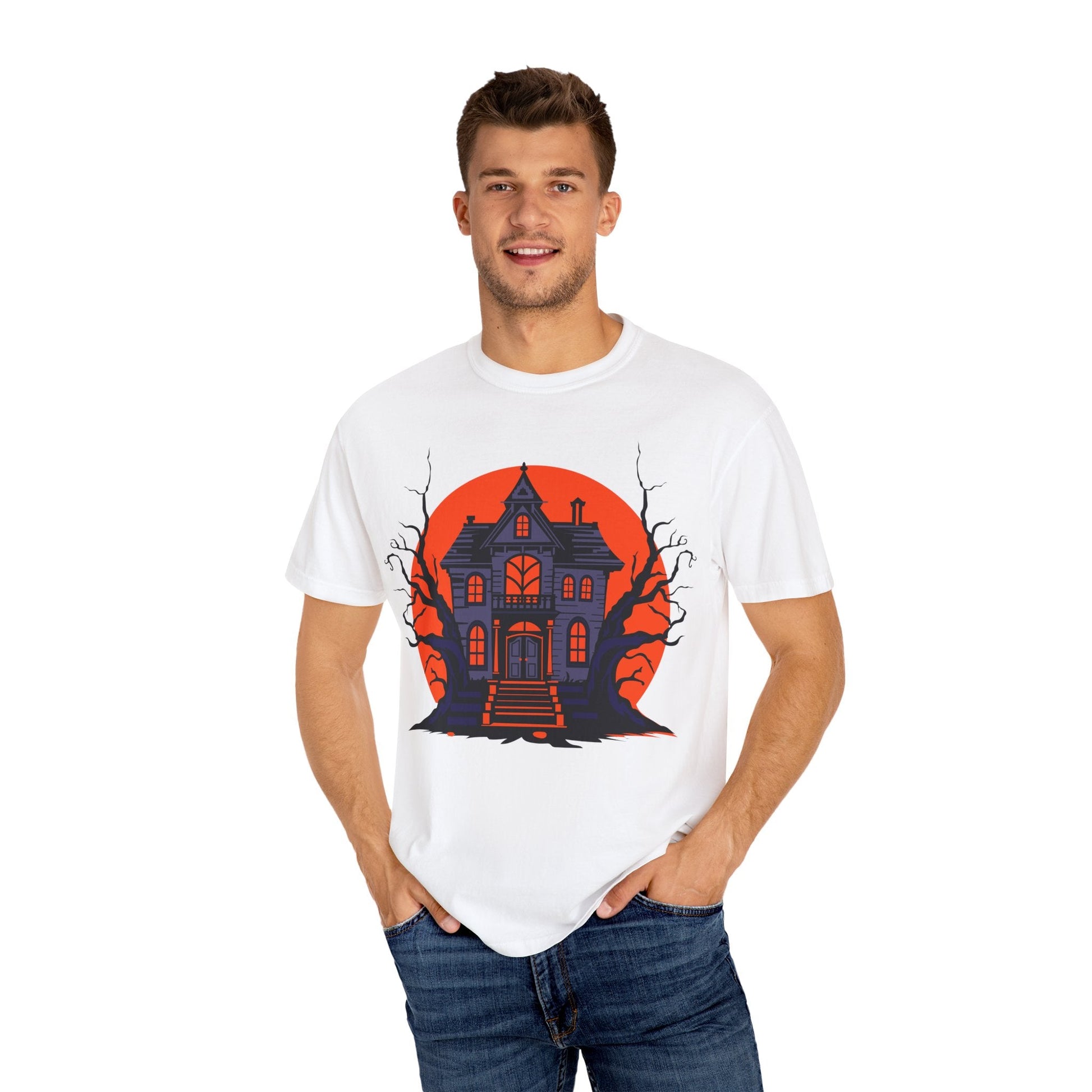 Spooky Haunted House T-Shirt, Halloween Tee, Unisex Halloween Apparel, Fall Fashion, Ghostly Graphic Shirt, Eerie T-Shirt - TINMICO