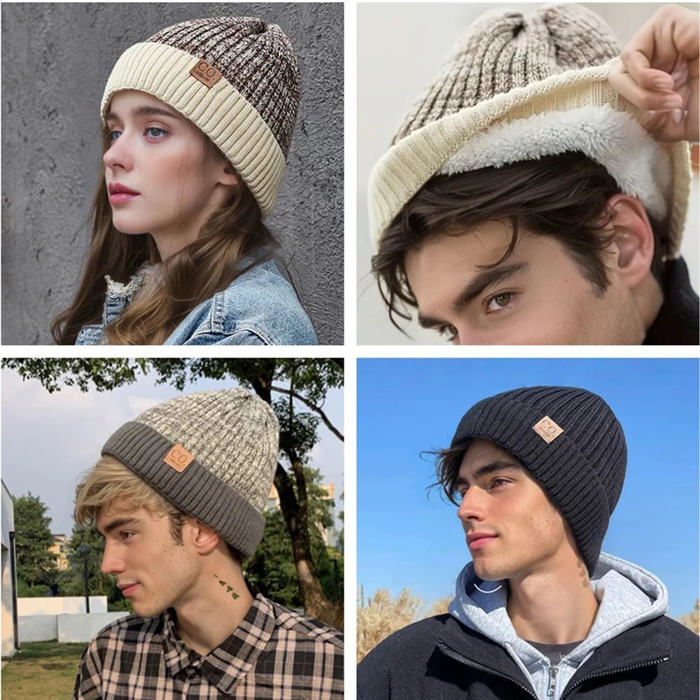 Winter Hats Add Fur Lined Fashion Warm Beanie Cap Casual Winter Knitted Hats Unisex Two-Tone |TINMICO - TINMICO