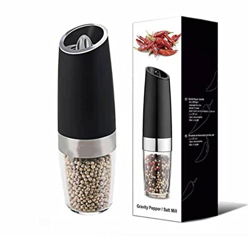 Electric Gravity Pepper and Salt Grinder by Mangal Creations, Pepper and Salt Mill with Adjustable Coarseness, Battery Powered with LED Light and Stand, Stainless Steel Black Blue