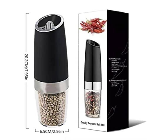 Electric Gravity Pepper and Salt Grinder by Mangal Creations, Pepper and Salt Mill with Adjustable Coarseness, Battery Powered with LED Light and Stand, Stainless Steel Black Blue