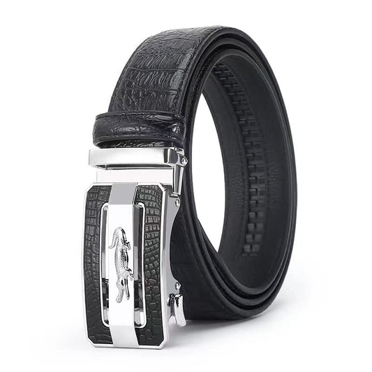 Crocodile pattern men's belt business automatic buckle belt simple pure leather belt for young people (Silver)