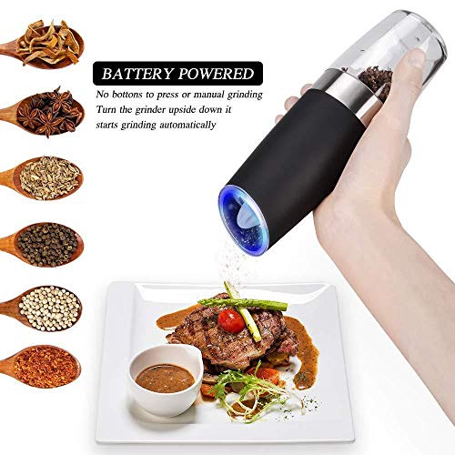 Electric Gravity Pepper and Salt Grinder by Mangal Creations, Pepper and Salt Mill with Adjustable Coarseness, Battery Powered with LED Light and Stand, Stainless Steel Black Blue