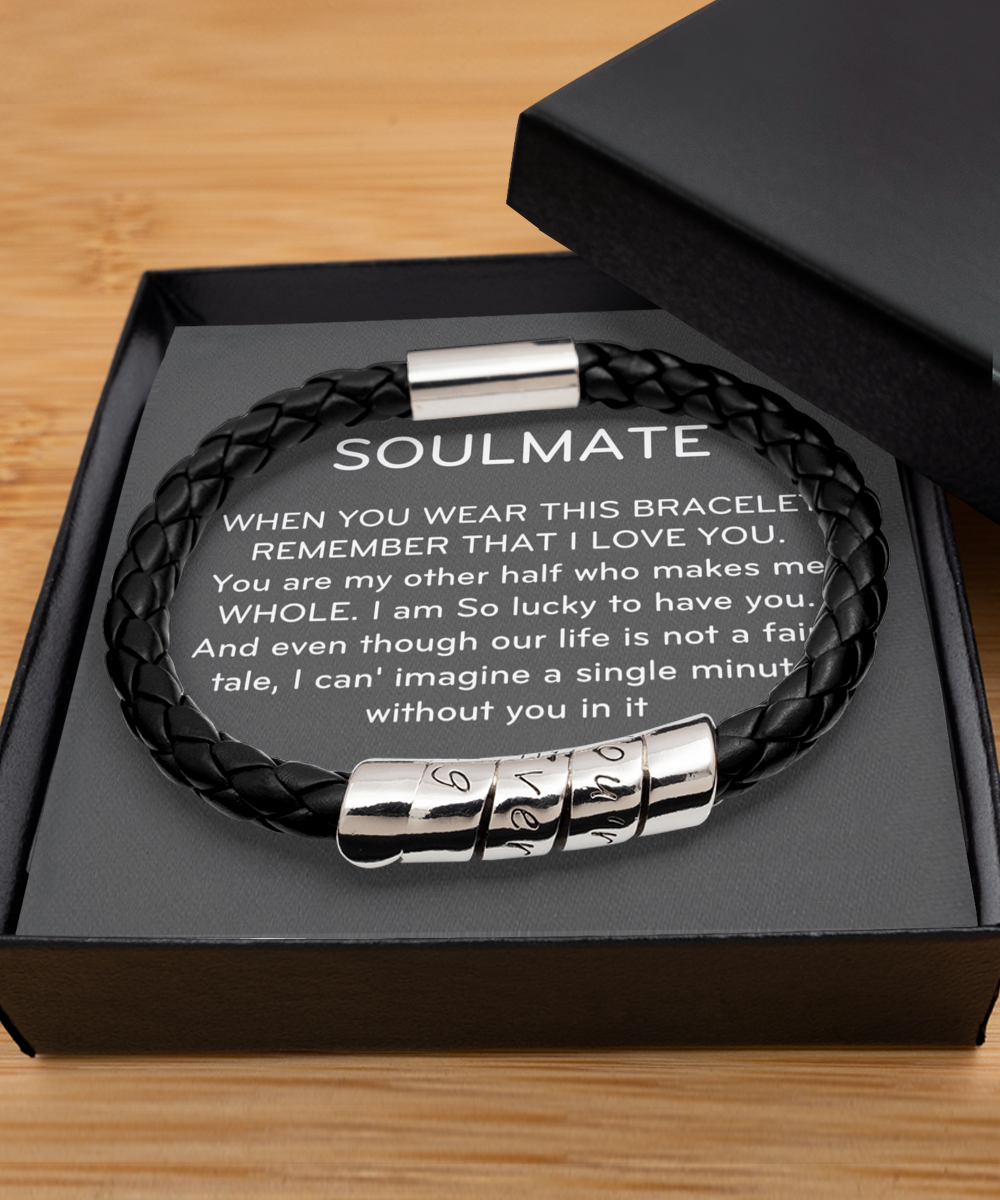 Black Leather Bracelet  ,To my soulmate bracelet, Valentines Day,message bracelet for boyfriend,romantic gift for boyfriend, thoughtful anniversary gift, TMC gift tinmico