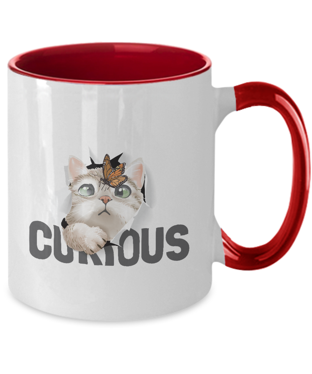 Cat Coffee Mug,Two Tone 11 oz Mug,Perfect Cat Lover Gift,Cute cat and butterfly in curious tinmico