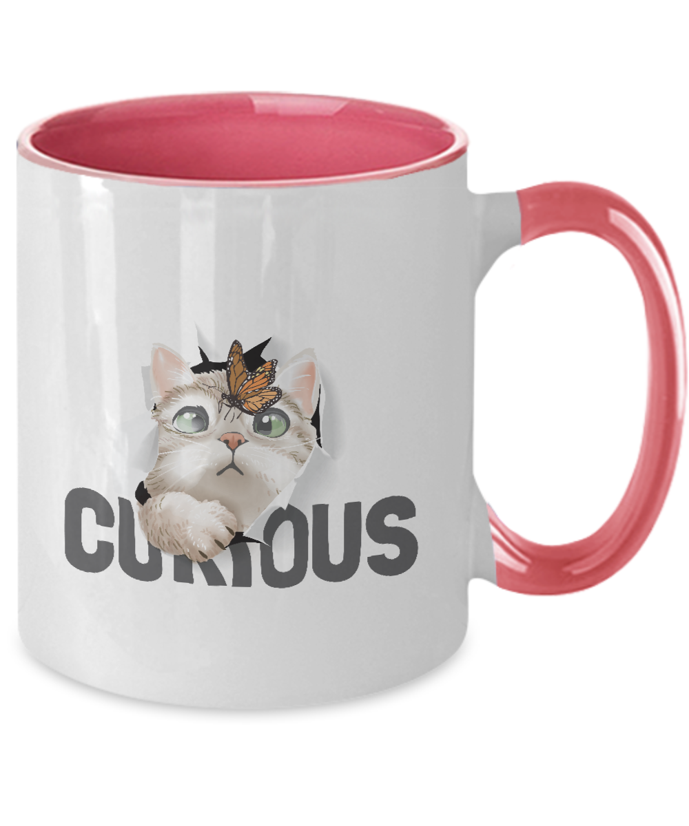 Cat Coffee Mug,Two Tone 11 oz Mug,Perfect Cat Lover Gift,Cute cat and butterfly in curious tinmico