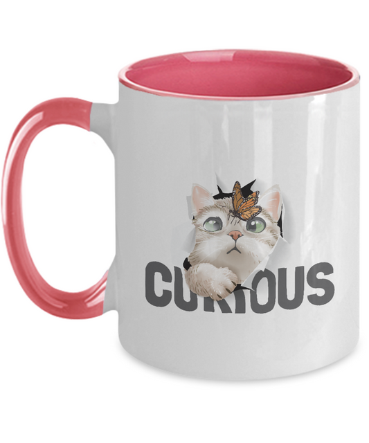 Cat Coffee Mug,Two Tone 11 oz Mug,Perfect Cat Lover Gift,Cute cat and butterfly in curious tinmico