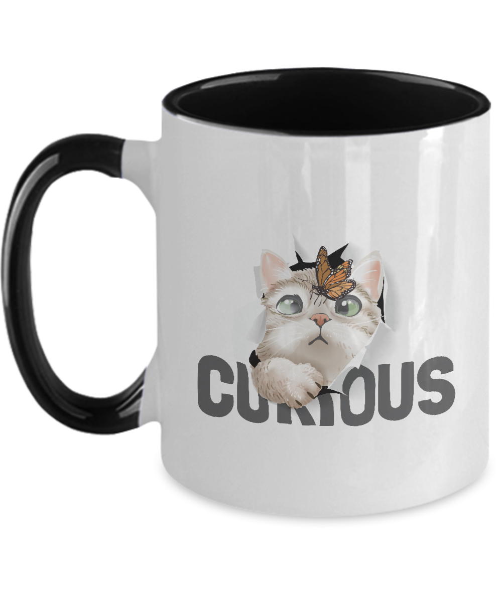 Cat Coffee Mug,Two Tone 11 oz Mug,Perfect Cat Lover Gift,Cute cat and butterfly in curious tinmico