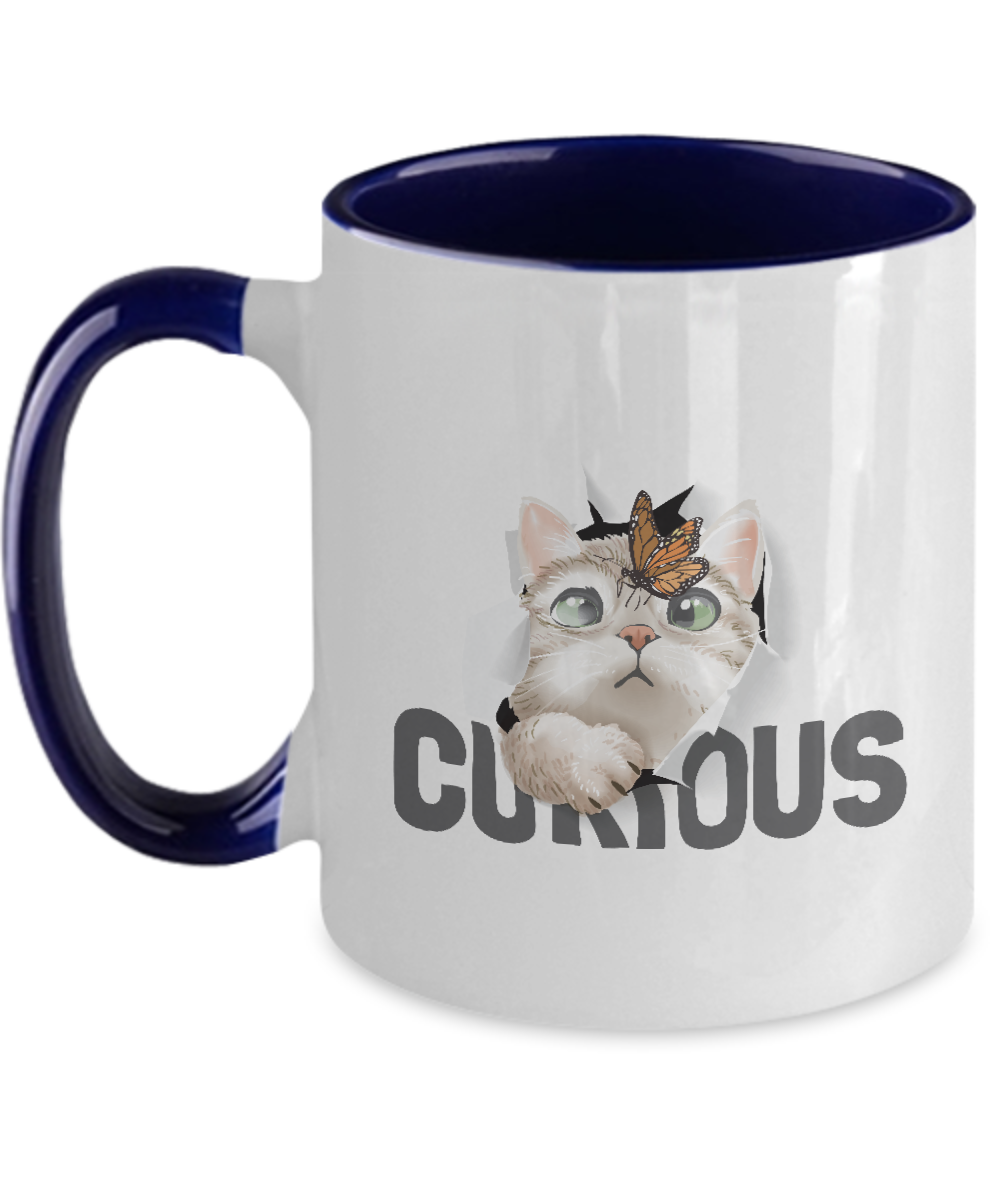 Cat Coffee Mug,Two Tone 11 oz Mug,Perfect Cat Lover Gift,Cute cat and butterfly in curious tinmico