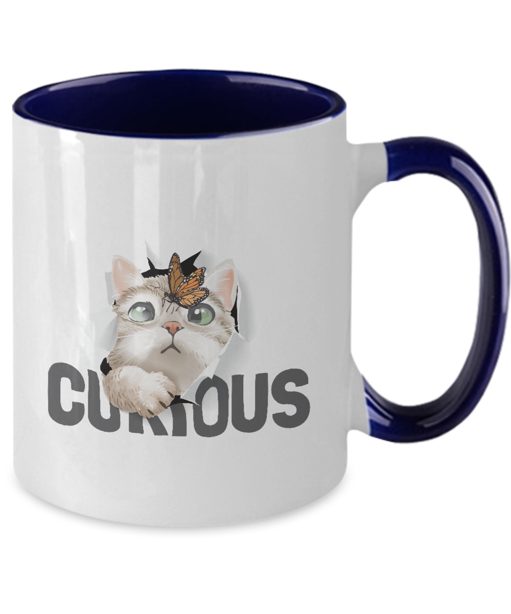 Cat Coffee Mug,Two Tone 11 oz Mug,Perfect Cat Lover Gift,Cute cat and butterfly in curious tinmico