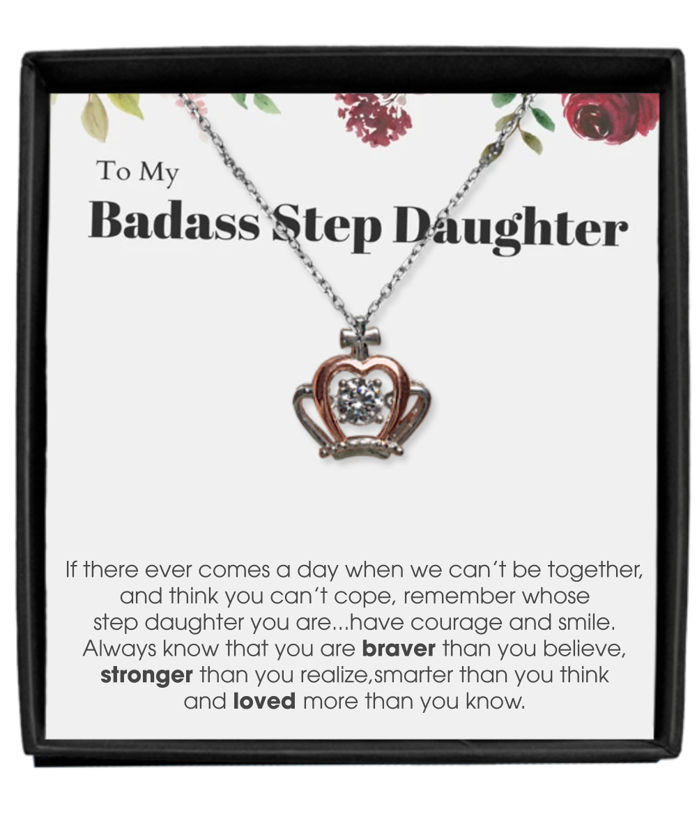 Crown Pendant Necklace, To My Badass Step Daughter Bracelet, Step Daughter Gift From Stepmom Wedding Birthday Bracelet Gift Set tinmico