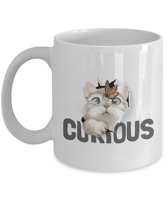 Cute cat and butterfly in curious,Cat Coffee Mug,Funny Coffee Mug,Perfect Cat Lover Gift tinmico