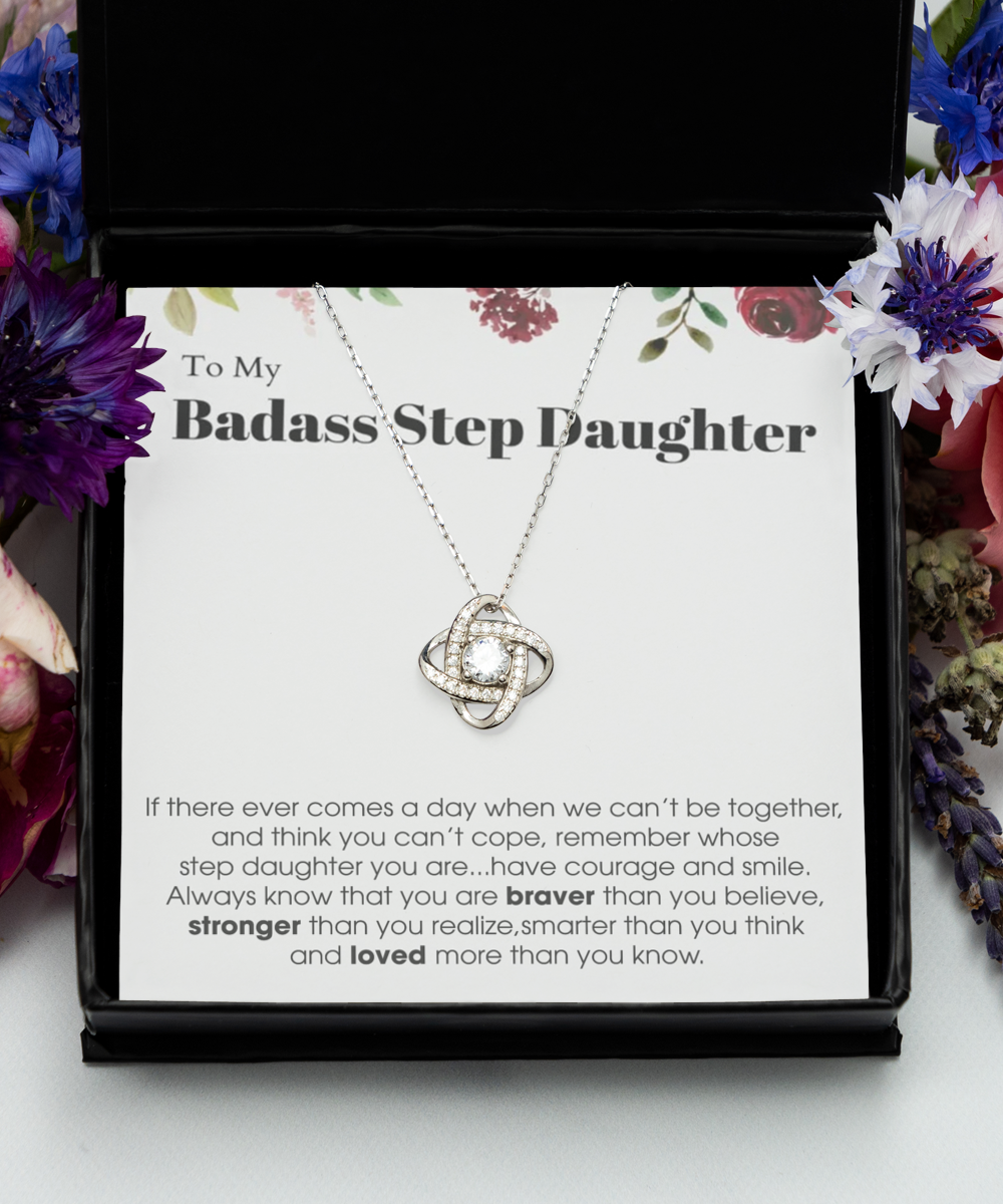 Love Knot Silver Necklace, To My Badass Step Daughter Bracelet, Step Daughter Gift From Stepmom Wedding Birthday Bracelet Gift Set tinmico