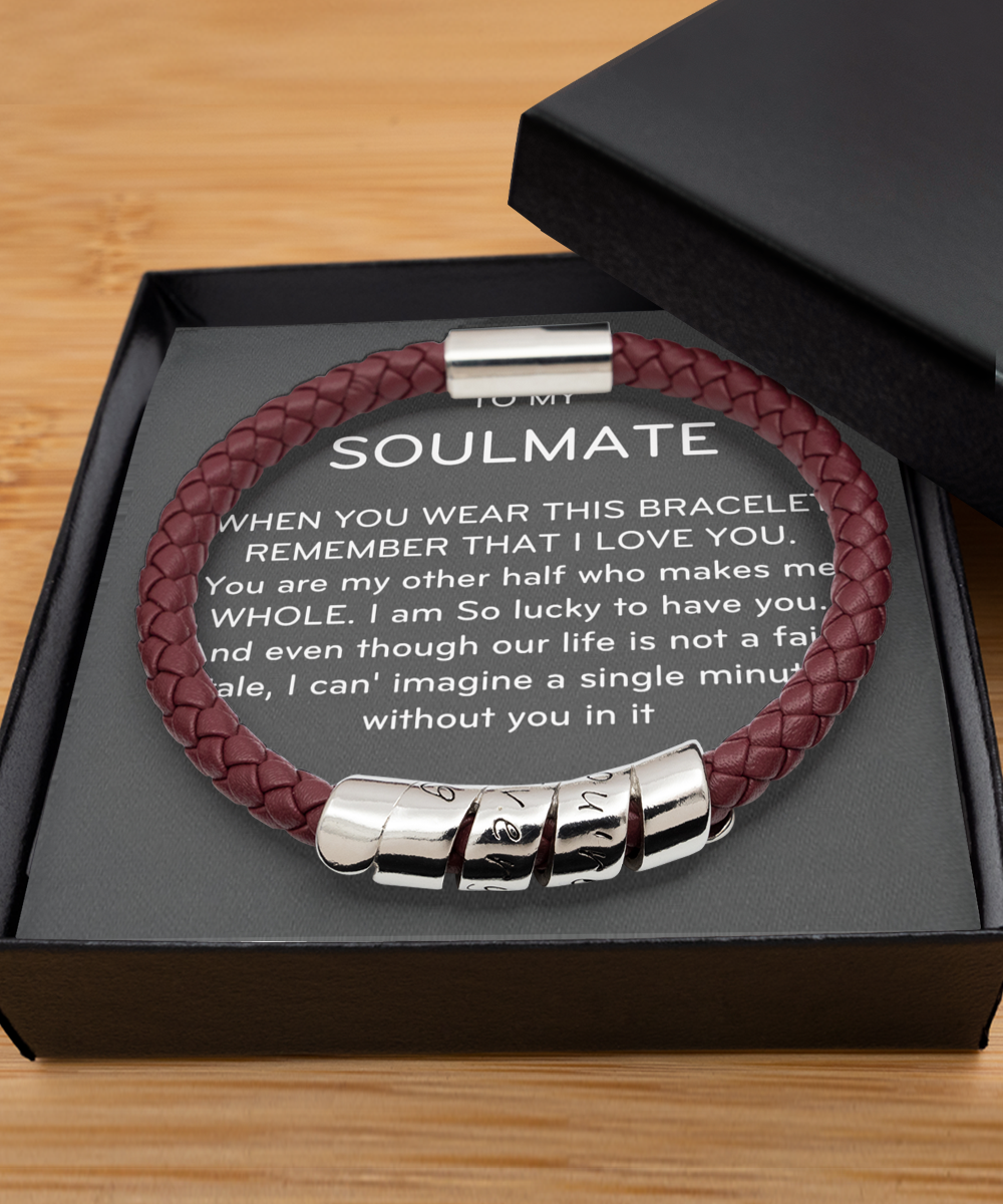 Maroon Leather Bracelet  ,To my soulmate bracelet, Valentines Day,message bracelet for boyfriend,romantic gift for boyfriend, thoughtful anniversary gift, TMC gift tinmico