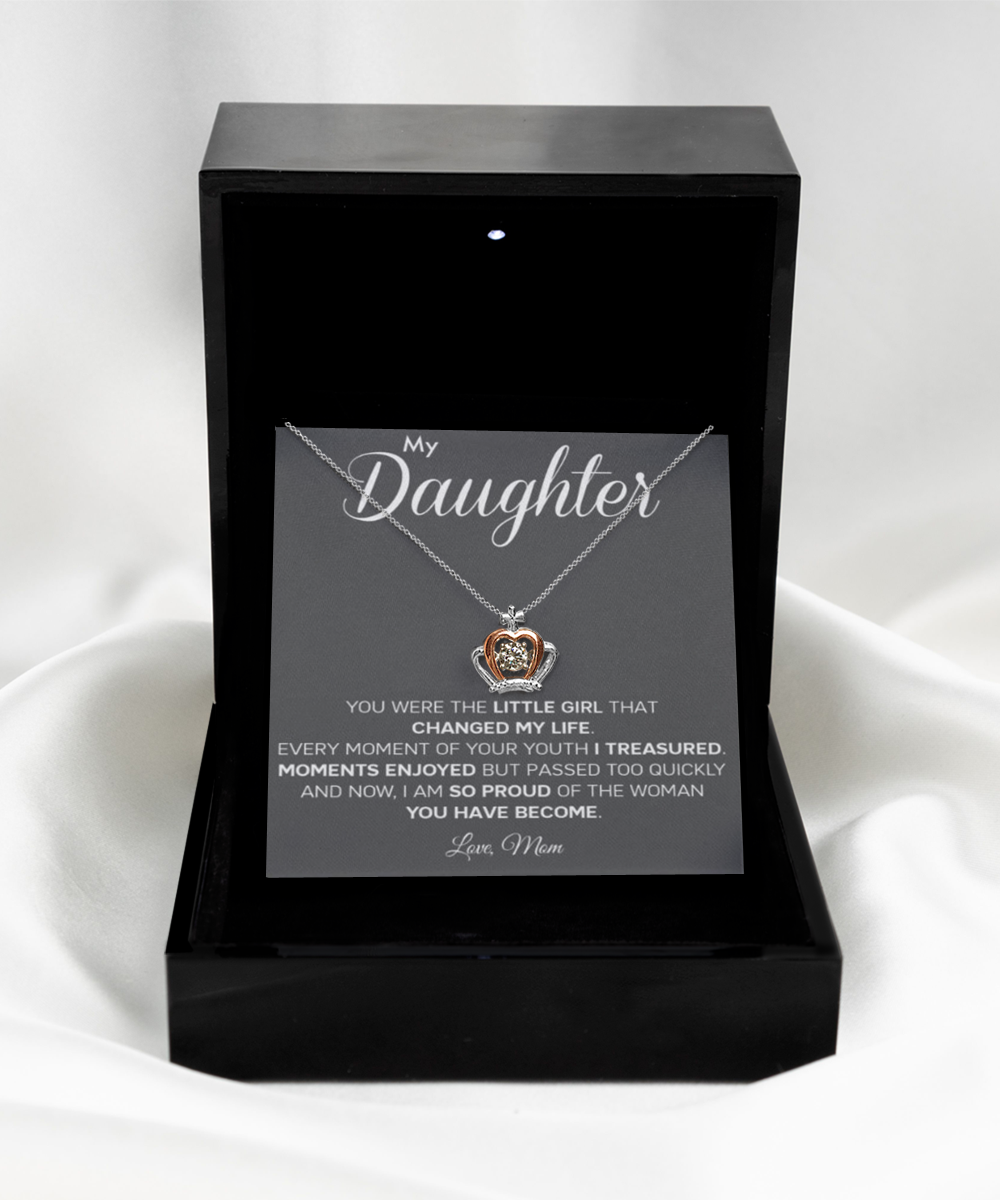 Personalized Gift to my Daughter,Crown Pendant Necklace,Gift from Mom, Message Card Jewelry, Changed My Life tinmico