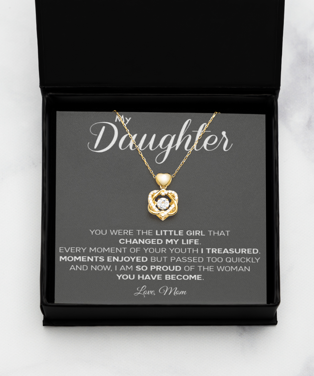 Personalized Gift to my Daughter,Heart Knot Gold Necklace,Gift from Mom, Message Card Jewelry, Changed My Life tinmico