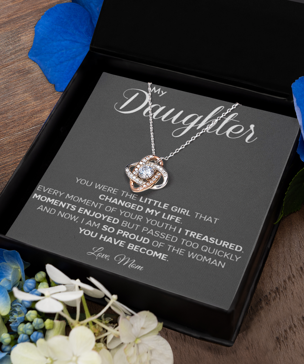 Personalized Gift to my Daughter,Love Knot Rose Gold Necklace,Gift from Mom, Message Card Jewelry, Changed My Life tinmico