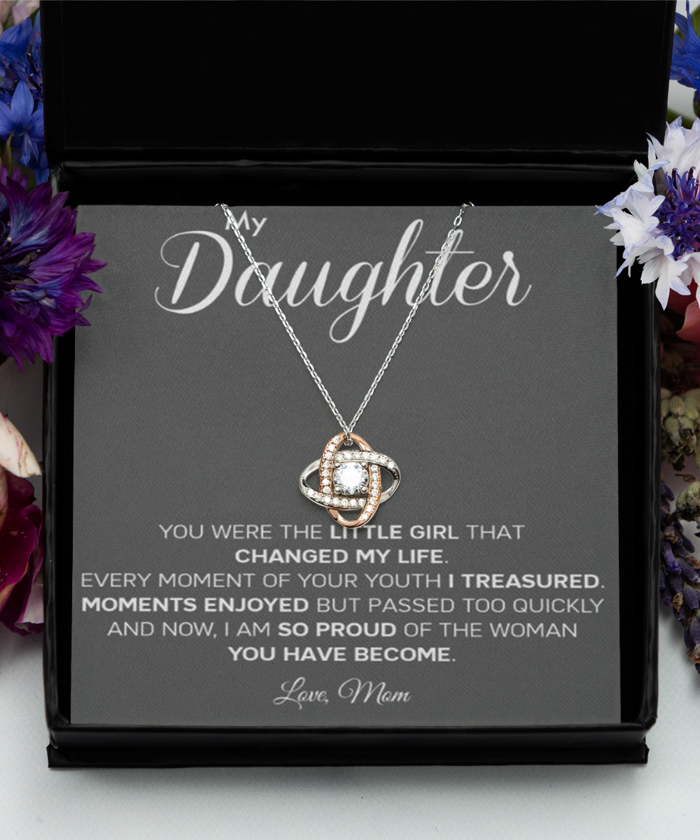 Personalized Gift to my Daughter,Love Knot Rose Gold Necklace,Gift from Mom, Message Card Jewelry, Changed My Life tinmico