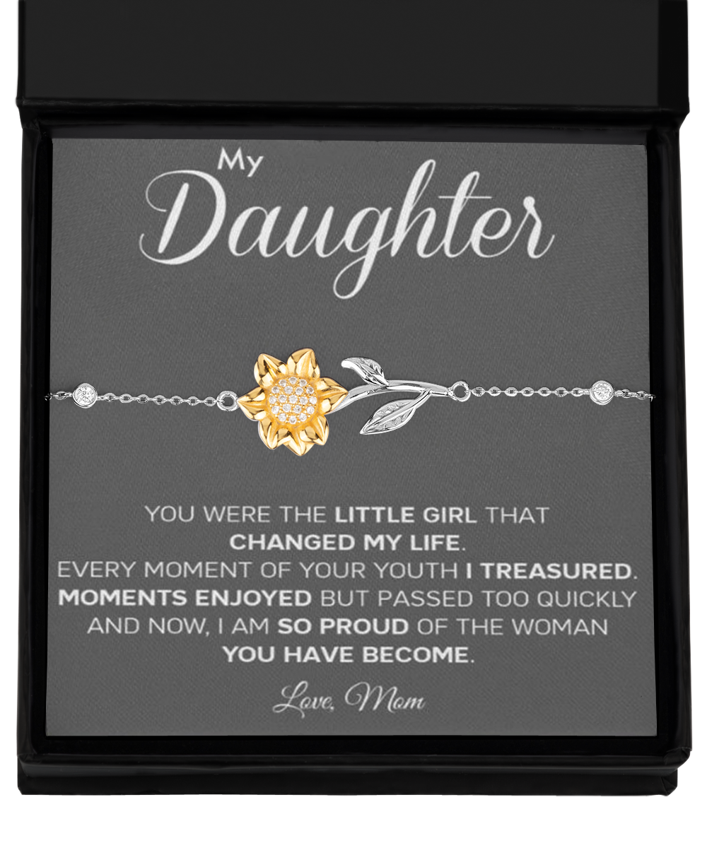 Personalized Gift to my Daughter,Sunflower Bracelet, Gift from Mom, Message Card Jewelry, Changed My Life tinmico