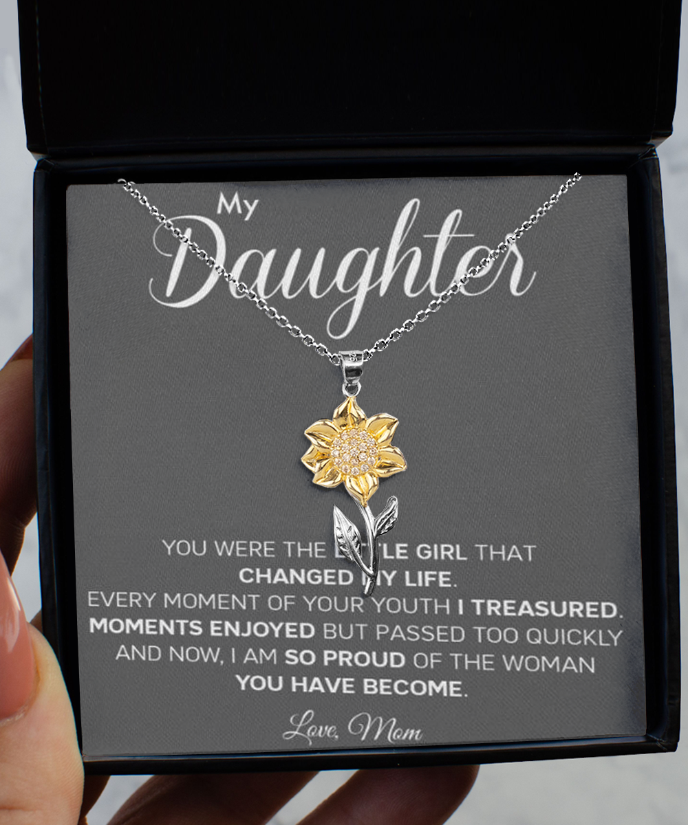 Personalized Gift to my Daughter,Sunflower Pendant Necklace, Gift from Mom, Message Card Jewelry, Changed My Life tinmico