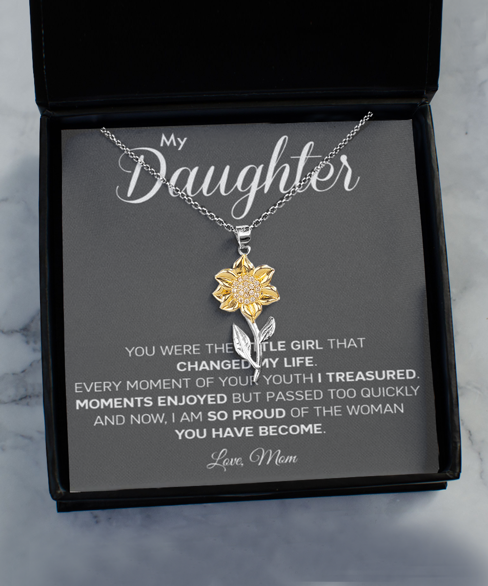 Personalized Gift to my Daughter,Sunflower Pendant Necklace, Gift from Mom, Message Card Jewelry, Changed My Life tinmico